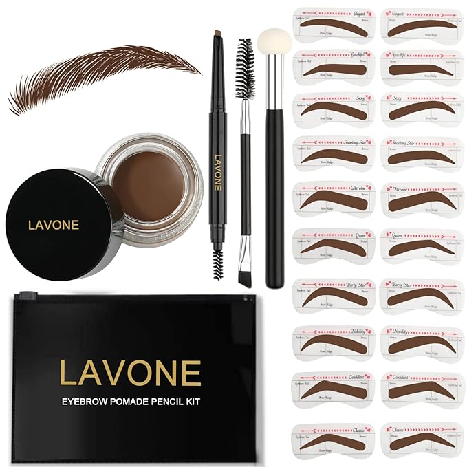 LAVONE Eyebrow Stamp Stencil Kit - Brow Stamp Trio with Waterproof Eyebrow Pencil, Pomade, 20 Stencils, Dual-ended Brush and Sponge Applicator - Chocolate