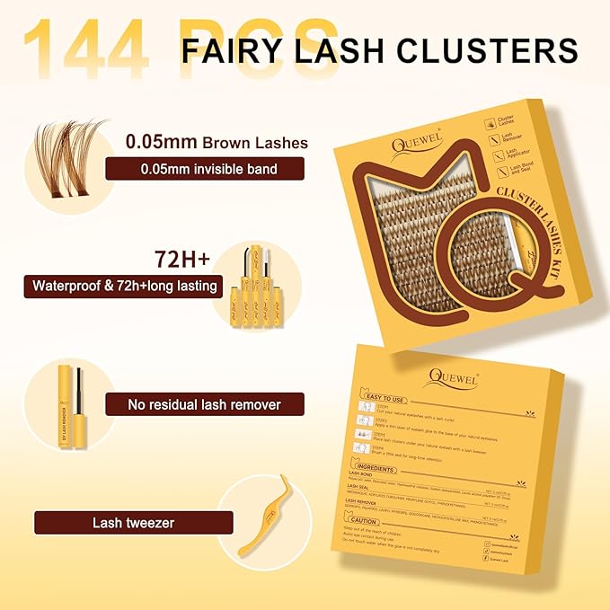 QUEWEL Brown Lash Clusters Kit, 144pcs Wispy-Lash-Clusters Kit Mix10-18mm Wispy Natural Invisible Band Eyelash Clusters Kit for DIY Cluster Eyelash Extensions(Brown Gem 4 Set)