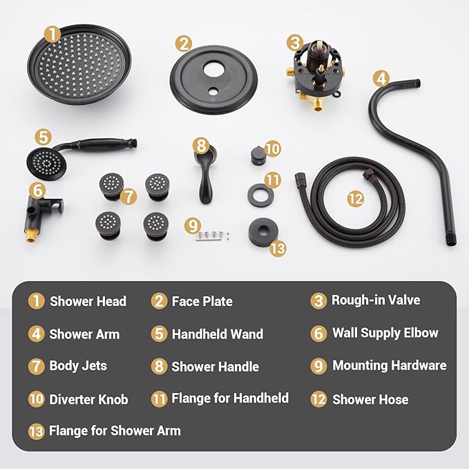 DASAN Antique Shower Faucet Set Complete Rain Shower System in Wall with Body Shower Spray Jets, Oil Rubbed Bronze Shower Fixtures with Rainfall Overhead Shower, Handheld, Valve & Trim Kit, AT249W-ORB