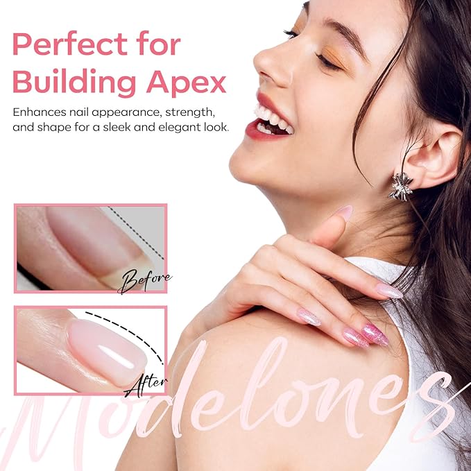 modelones Builder Rubber Base Gel for Nails, Light Milky Baby Pink 6 in One Nude Color Base Coat Strengthen Apex Building Extension Long Last Protect Soak Off Manicure for Fragile Nail Art DIY Home
