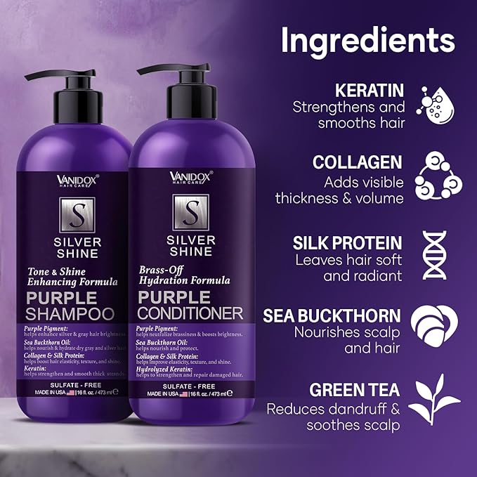 VANIDOX Sulfate Free Brass Toning Purple Shampoo and Conditioner Set for Grey and Silver Hair, Moisturizing & Color-Safe, Enhances Shine & Brightness, Made in USA (16 fl oz each)