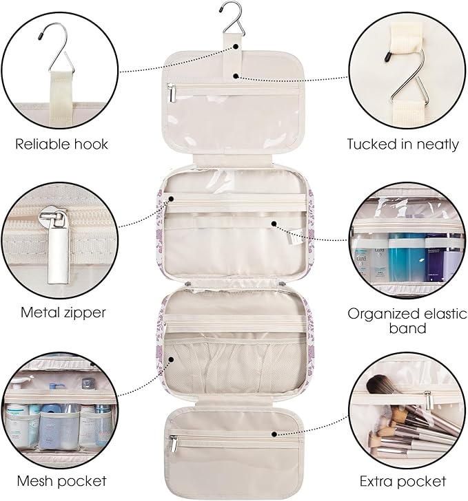 Narwey Travel Toiletry Bag for Women Large Hanging Makeup Bag Organizer Toiletries Bag for Full Size Essentials Accessories Cosmetics (Little Dusty Pink Flower (Large))