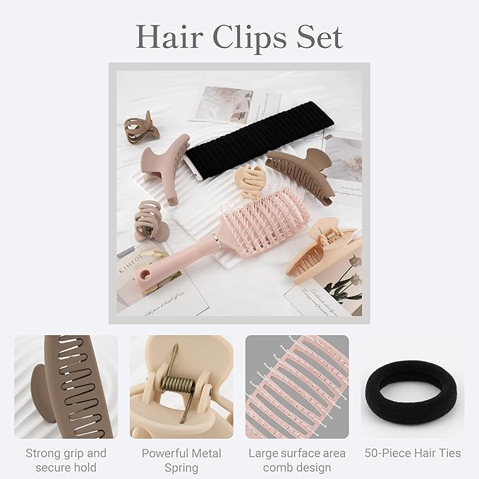 Neutral Tones Hair Accessories Set - 3 Large Hair Claw Clips, 3 Small Claw Clips, Hair Brush, 28 Hair Ties for Women | Non-Slip for Thin & Thick Hair (Nude Pink, Beige, Light Brown)