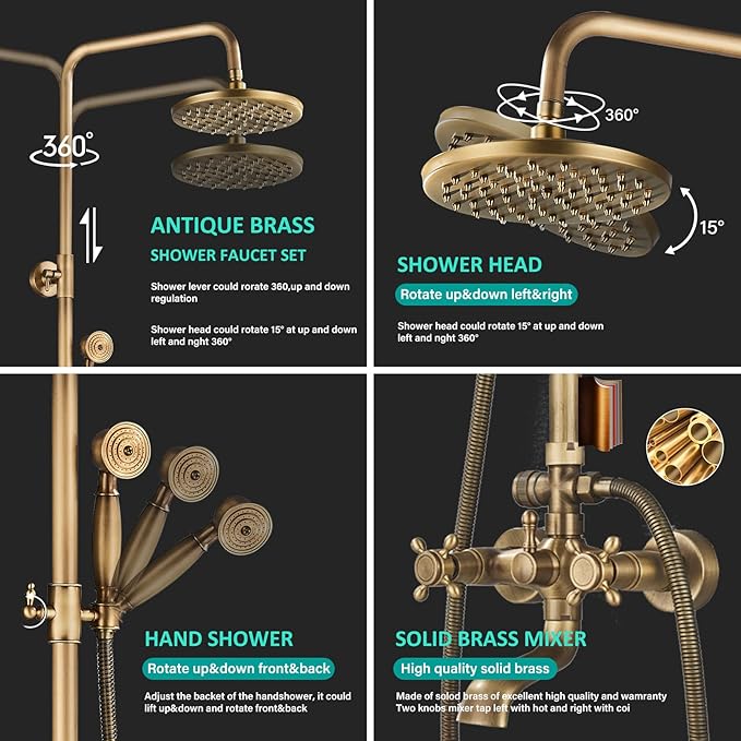 NeierThodore Antique Brass 8-Inch Bathroom Shower Faucet System Rainfall Shower Head Wall-Mounted Dual Cross Handle Bathtub Shower Mixer Tap with Hand Sprayer