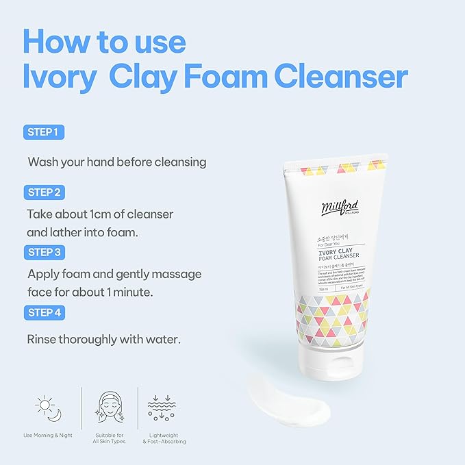Millford Ivory Clay Foam Cleanser 150ml/5.1 fl.oz – Deep Pore Cleansing Facial Wash, Kaolin Clay + Glycerin Formula for Sebum Control, Oil Balance & Enlarged Pores, Korean Skincare for All Skin Types