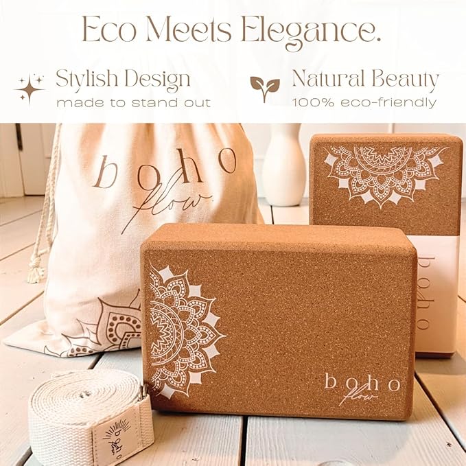 Cork Yoga Block 2 Pack with Strap & Bag | Premium Eco-Friendly Cork Bricks 9”x6”x3” | Heavy-Duty, Non-Slip & Durable Yoga Props | Plastic-Free, EVA-Free, Non-Toxic