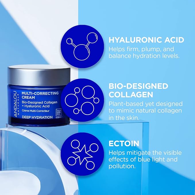 Andalou Naturals Deep Hydration Face Moisturizer, Multi-Correcting Cream, Day & Night Moisturizer for Face with Hyaluronic Acid & Vegan Collagen for Softer & More Supple Skin, 1.7 fl oz