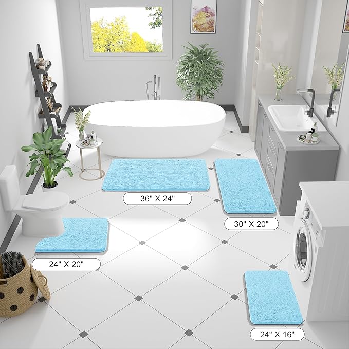 OLANLY Bathroom Rugs 47x24, Extra Soft Absorbent Chenille Bath Rugs, Rubber Backing Quick Dry, Machine Washable Bath Mats for Bathroom Floor, Tub and Shower, Home Decor Accessories, Sky Blue