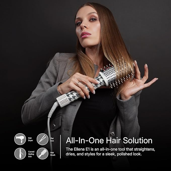 Ellena E1 Blow Dryer + Straighten Hair Brush Dual Mode, Hot Air Brush with 110000RPM High Speed Brushless Motor/Oval Air Barrel/3D Teeth Heated Comb/Handheld Cored, Styler Tool for All Hair Types