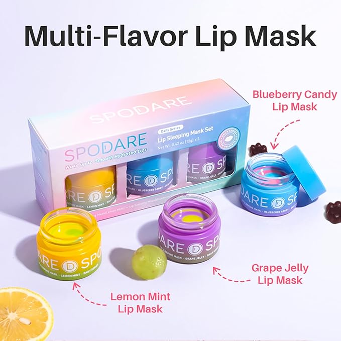 SPODARE 3-in-1 Dual-Color Sleeping Lip Mask Set – Blueberry, Grape & Lemon | Hydration & Repair for Dry Cracked Lips, Infused with Grape Seed Oil and Citrus Extracts for Rejuvenates Lips, 1.26 Fl Oz