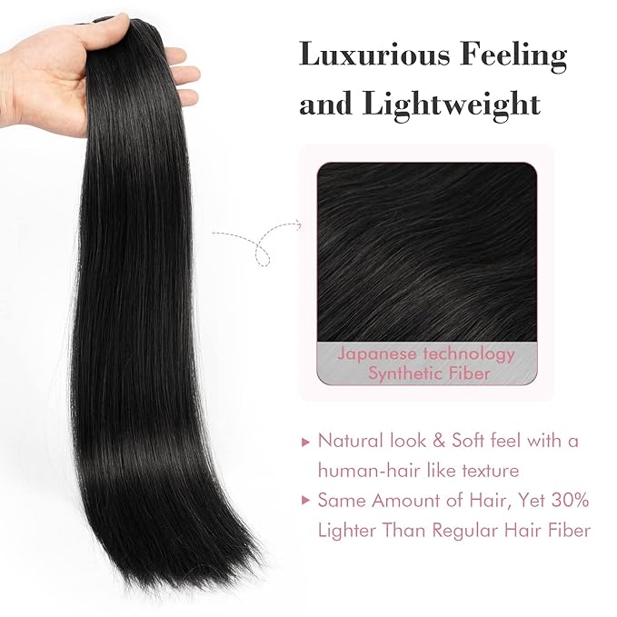 REECHO Clip in Hair Extensions, Hair Extensions Thick Long Lace Weft Lightweight Synthetic Hairpieces for Women (24 Inch-240 Gram(Pack of 5), Black)