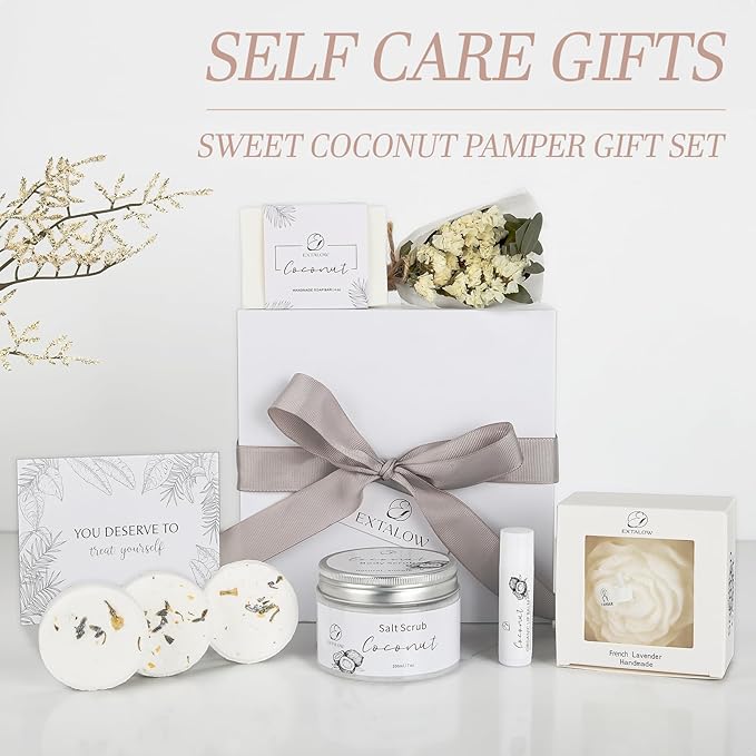EXTALOW Spa Gifts for Women Bath and Body Gift Basket Valentines Day Gifts Coconut Lavender Home Spa Set Self Care Gift for Mom Sister Her Wife Birthday Gifts Spa Kit Care Package Thank You Gift