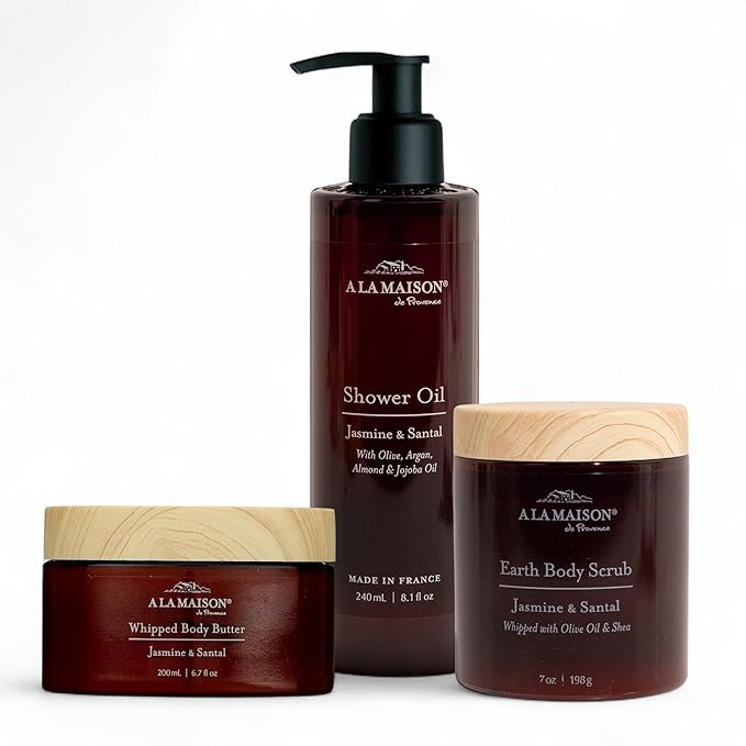 A La Maison Amber Collection Jasmine & Santal Starter Kit - Shower Oil + Body Scrub + Body Butter – Gently Exfoliates & Softens Skin – French Formula, Plant-Based
