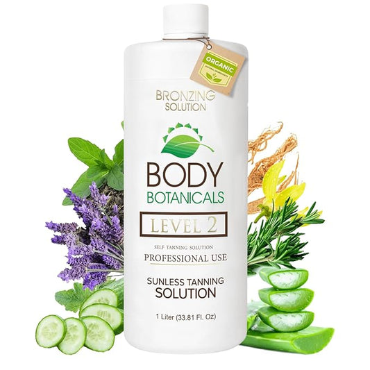 Body Botanicals, Professional Sunless Tanning Spray Tan Solution, Organic Essential Oils, Airbrush Formula, 33.8 Fl Oz. (Level 2 (10% DHA))