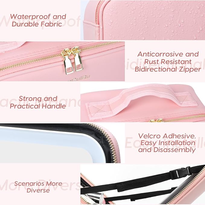 Gdsshuhung Makeup Bag with Mirror | Partitionable Professional Makeup Organizer | Large Travel Makeup Bag for Women | Cosmetic Case for Daily & On-the-Go Use (Pink)
