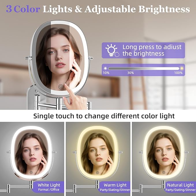 FUNTOUCH 30X/1X Wall Mounted Lighted Makeup Mirror,5000mAh Rechargeable Double Sided Magnifying Bathroom Lighted Mirror, 3 Color Modes Touch Dimmable Extended Arm 360 Rotation, Chrome