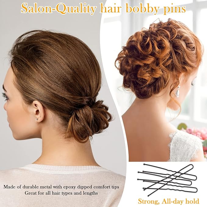 U Shape Bobby Pins in Case - 200pcs Black Hair Pins Clips Bulk for Women - 2.4" Large Strong Hold Bun Pins for Thick/Curly/Straight Hair - Hair Accessories for Styling, Updos, Wedding, Daily Use