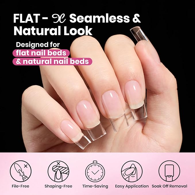 Beetles Gel Nail Tips Flat-X - Square Coffin Medium, 320pcs 16 Sizes, Pre-Etched Half Matte Full Cover Soft Acrylic Press on Easy DIY False Nail Extension Salon for Flat & Natural Nail Beds