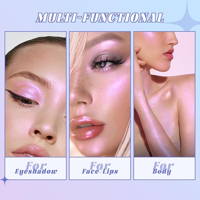Holographic Chameleon Pink Silver Eyeshadow&Highlighter Palette, Color Shift Glitter Iridescent Cream Highlighter, Smooth Long Lasting Sparkling Eye Shadow Mermaid Facial Illuminator Makeup#02