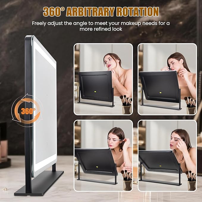 Vanity Mirror with Lights 22"×17", Large LED Makeup Mirror with Light, Smart Touch with 3-Color Lighting, Dimmable, 360° Rotation, HD Desk Mirror, Vanity Mirror Tabletop (Black)