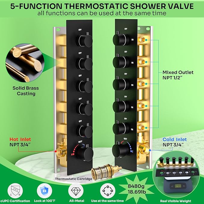 HOMEDEC Luxury Dual Shower System for Couples, 15x28" Rain 4-Function and Dual 6" Side Wall Mounted Shower Heads, with 5-Way Diverter Valves, Black