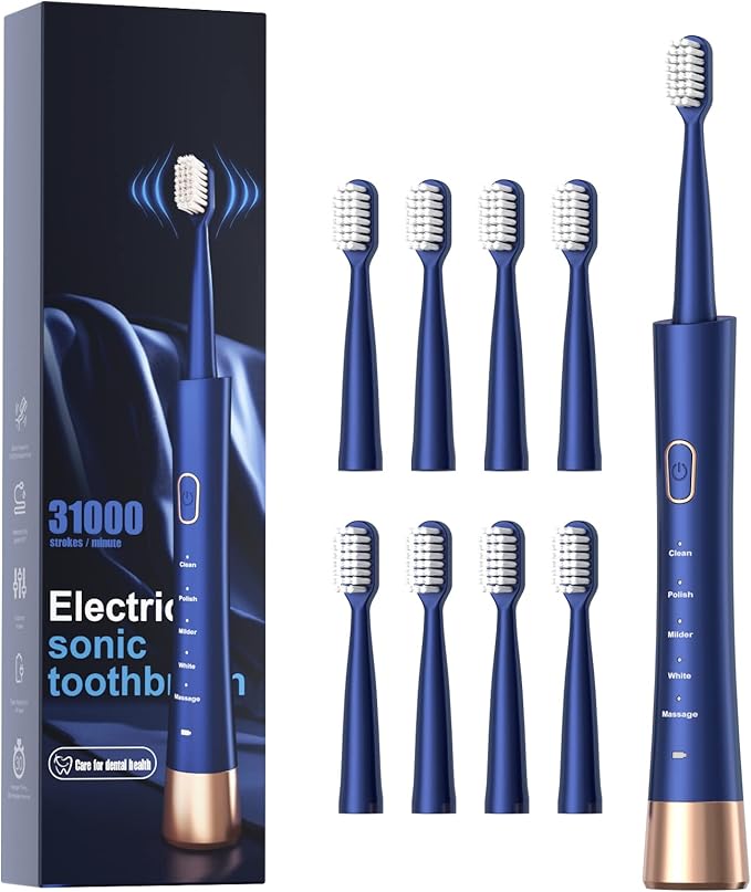 IPX7 Waterproof Sonicare Electric Toothbrush, 2-Hour Fast Charge with Intelligent Time Reminder, 5 Modes, 8 Brush Heads, Travel, Indoor, Outdoor, Blue