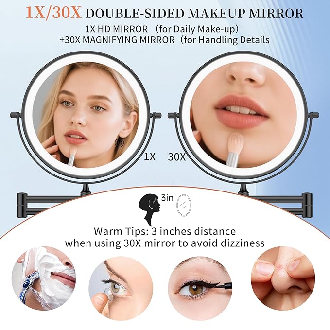 FUNTOUCH 9" 30X/1X Wall Mounted Lighted Makeup Mirror, 5000mAh Rechargeable Double Sided Magnifying Mirror with Adapter, 3 Color Lights,Touch Dimmable, 360 Rotation Extended Arm for Bathroom,Black