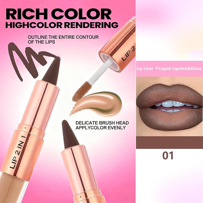 Lip Liner Matte Lipstick Gloss Lip Combo Sets Kit ,Nude Brown Lip Liner and Liquid Lipstick Set, lip combo sets for black women, High Pigmented Long Lasting Lipstick Waterproof Lip Combo (#1)