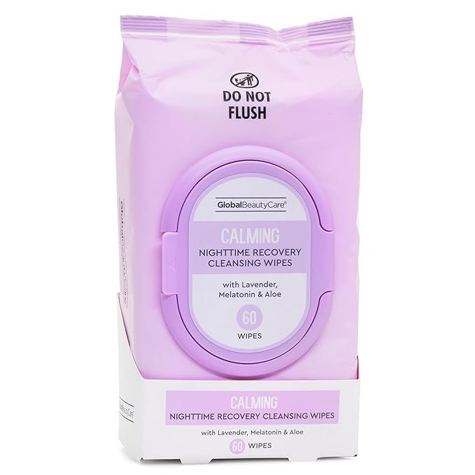 Global Beauty Care Calming Makeup Remover Wipes - Gentle Daily Facial Cleansing Wipes for Sensitive Skin, Lavender, Melatonin, & Aloe for a Relaxed & Restored Skin, Travel-Friendly, 60 Count (1-Pack)
