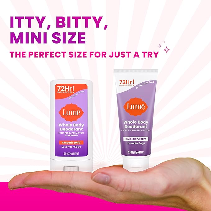 Lume Whole Body Deodorant - Invisible Cream + Solid Stick Mini Bundle - 72 Hour Odor Control - Aluminum & Baking Soda Free, Skin Loving - 0.5 Ounce Each - Travel, Trial Size Minis (Lavender Sage)