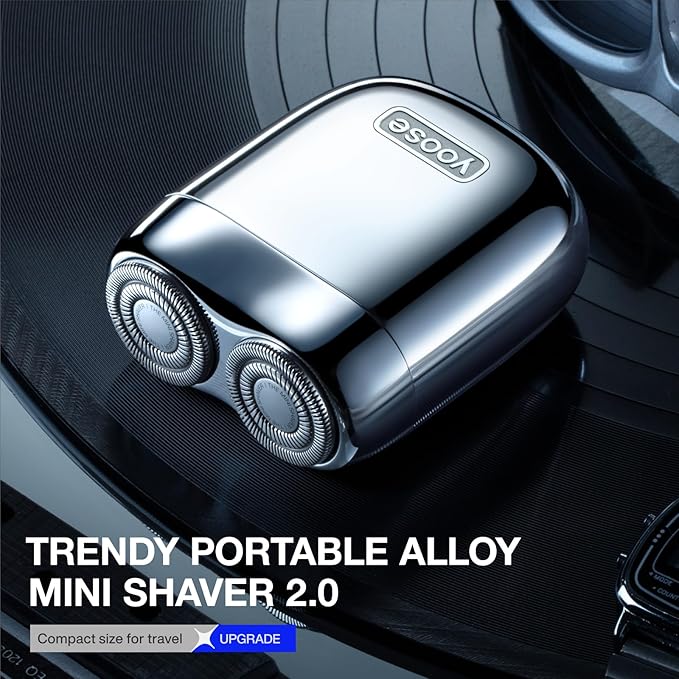 yoose Alloy Mini Shaver, Portable Electric Razor for Men, Waterproof, Dry Shave, Cordless 60 Mins Runtime, USB-C Rechargeable, Easy Cleaning Magnetic Detachable Head, Travel Shaver with Case, Silver