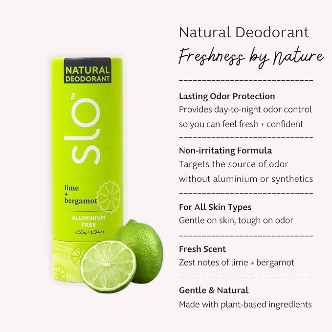 Slo | Natural Deodorant - All Natural Ingredients, Vegan & Cruelty Free, Paper Packaging | Lime + Bergamot, (1.94oz/55g)