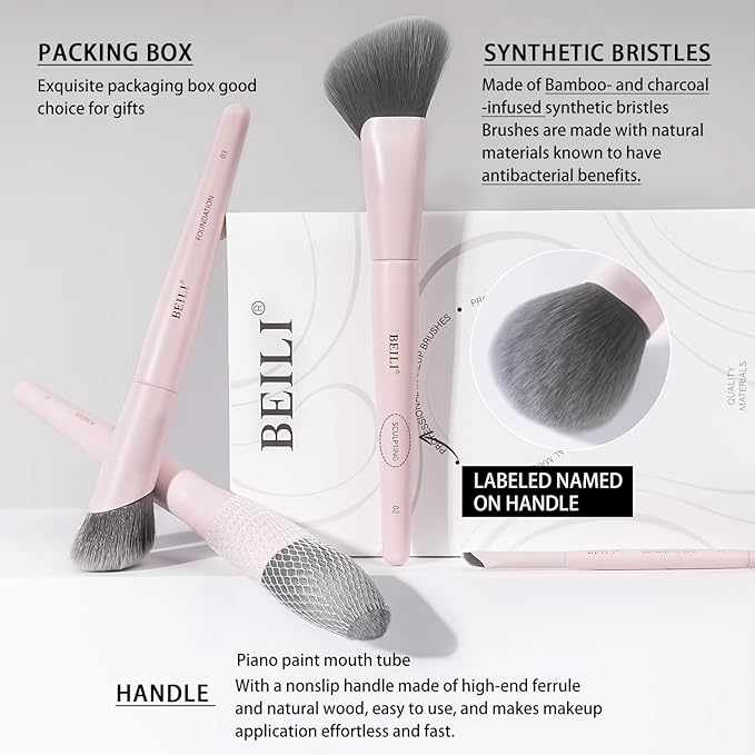 BEILI 12-Piece Pink Makeup Brush Set, Professional Synthetic Brushes for Face & Eye Makeup, Powder, Concealer, Blending, Contour, Eyeliner, Elegant Gift-Ready Set