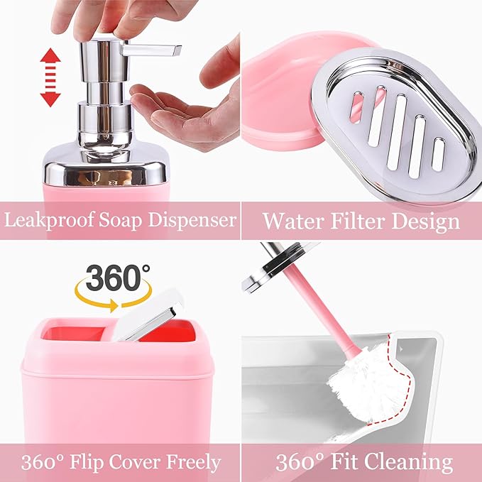 XLHOMO Pink Bathroom Accessories, 24 Pieces Pink Bathroom Accessories Set with Shower Curtain, Bath Towels, Trash Can, Soap Dispenser and Soap Dish for Bathroom/Housewarming
