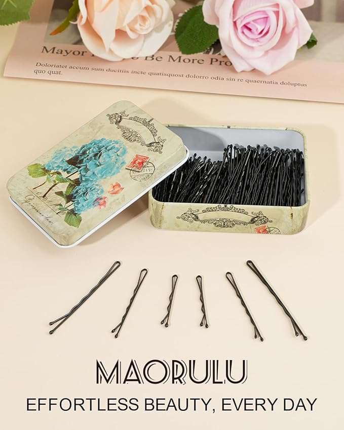 MAORULU Hair Bobby Pins with Cute Case, 250 CT Bob Pins for Buns, Premium Hair Pins for Kids, Girls and Women, Great for All Hair Types (Variety Pack Black)