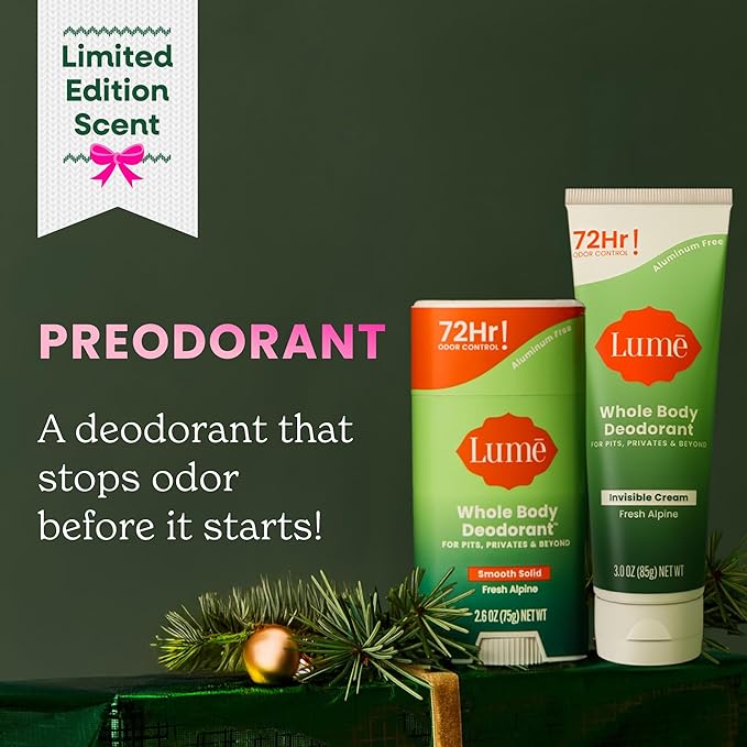 Lume Whole Body Deodorant - Invisible Cream Tube and Solid Stick - 72 Hour Odor Control - Aluminum Free, Baking Soda Free, Skin Loving - 3.0 Ounce Tube and 2.6 Ounce Solid Stick Bundle (Fresh Alpine)
