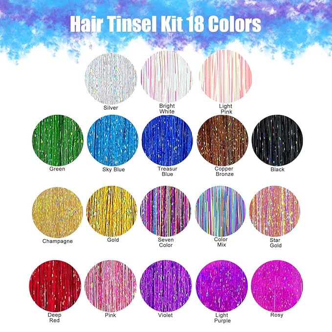 Hair Tinsel Kit, 18 Colors 48 Inches, Fairy Hair Tinsel Hair Extensions Heat Resistant with Tools, Hair Accessories for Women Girls 7200 Strands (Hair Tinsel Kit, 18 Colors)