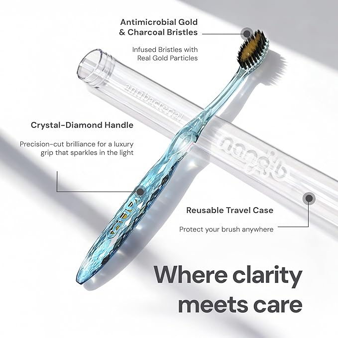 Nano-b Manual Toothbrush Set for Adults with Sensitive Gums, Gold & Charcoal Soft/Medium Bristles, Travel Cases, Blue, Pink, Green, Crystal, 4-Pack