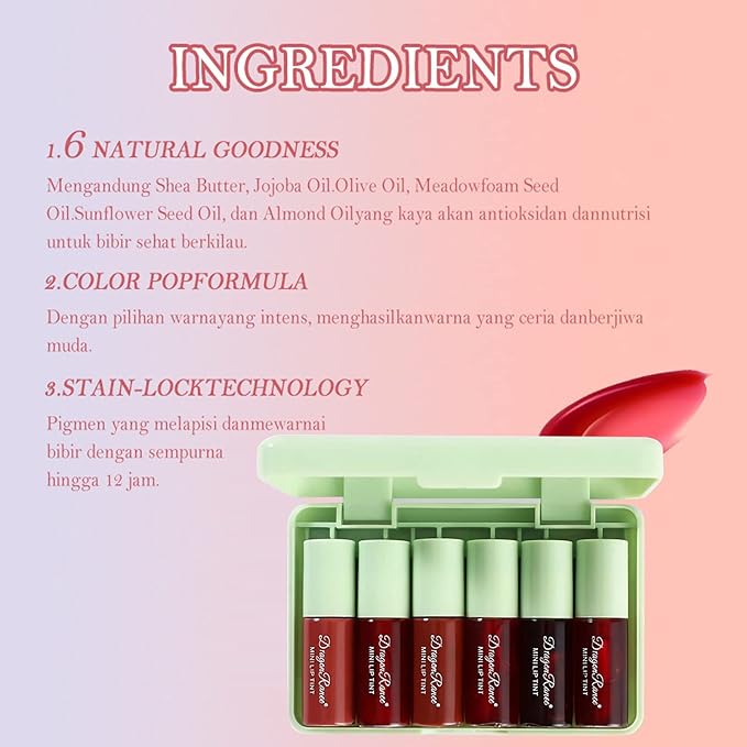 Miniling 6-Color Korean Lip Tint Set - Watery, Velvet Matte Lipsticks for Lips and Cheeks - Long-Lasting, Non-Stick, Shimmery