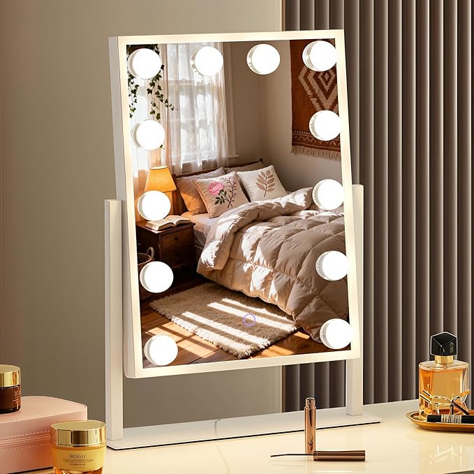 Hollywood Vanity Mirror with Lights, 14" x 19" Lighted Makeup Mirror with 3 Color Lights & Adjustable Brightness, 360° Swivel, Women's LED Mirror for Bedroom College Dorm for Desk