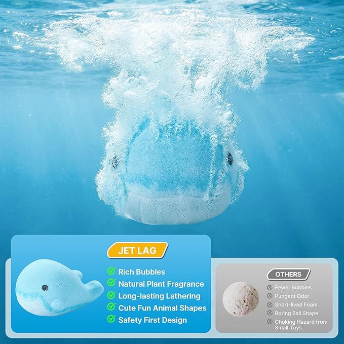 JET LAG 6-Pack Animal Bath Bombs for Kids, Handmade Fizzies Bathbombs for Women, Natural & Kids Friendly - Moisturizing Bath Fizzies for Kids & Adults, Gift Idea for Self-Care & Relaxation