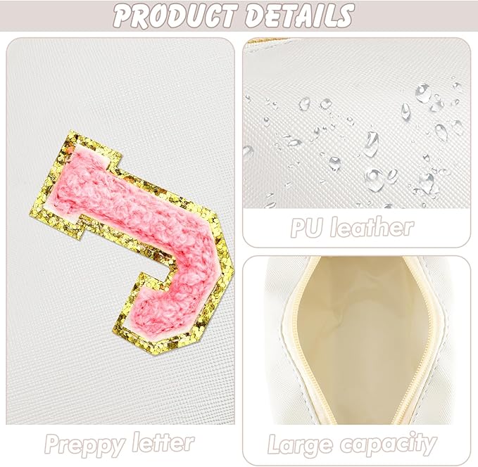 URSKYTOUS Initial Makeup Bag Personalized Preppy Travel Small Cosmetic Bag Cute PU White Chenille Letter Makeup Pouch for Purse Waterproof Zippered Toiletry Organizer for Women Girls Kids Friends (J)