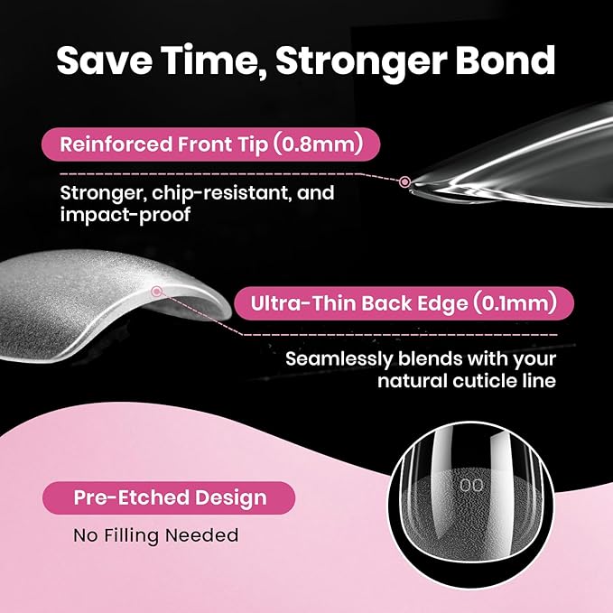 Beetles Gel Nail Tips Flat-X - Coffin Medium, 160pcs 16 Sizes, Pre-Etched Half Matte Full Cover Soft Acrylic False Nail Tips Clear Press on Easy DIY Nail Extension Salon for Flat & Natural Nail Beds