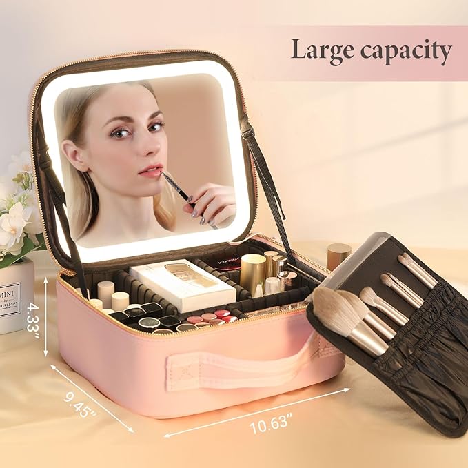 Behaesty Travel Makeup Bag with LED Lighted Mirror, Cosmetic Makeup Organizer Bag with 3 Color Setting, Makeup Train Case with Adjustable Dividers for Women Makeup Brushes Jewelry Accessories (Pink)