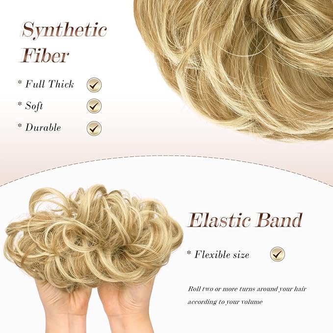 FESHFEN Messy Bun Hair Piece - Wavy Synthetic Chignon Scrunchies for Instant Volume, Elastic Bun Ponytail Hair Extensions Thick Hairpieces for Women, Sunny Blonde 1.50 oz