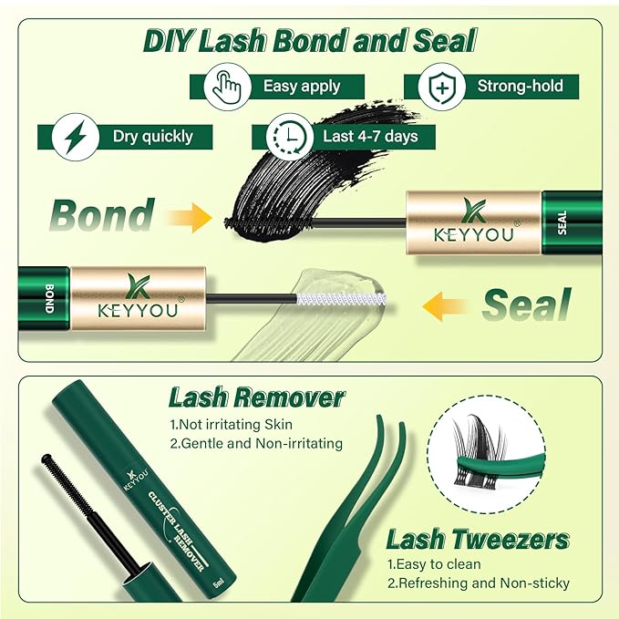 KEYYOU LASH Lash Clusters Kit Manga Lashes Individual 120pcs Wispy Lash Clusters with 10ml Remover Bond&Seal 10-18mm Eyelash Extension with Spikes D Curl Fairy Style Manga Cosplay DIY at home(F02 Kit)