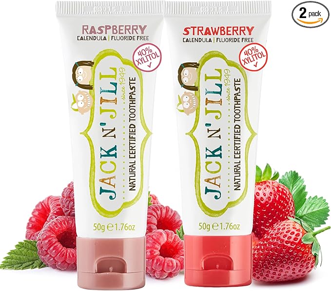 Jack N' Jill Natural Toddler Toothpaste - Fluoride Free Training Toothpaste for Toddlers 1-3, 40% Xylitol, BPA Free - Strawberry & Raspberry, 1.76 oz (2 Pack)