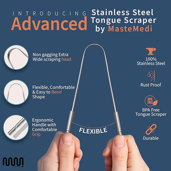MasterMedi Tongue Scraper for Adults, 100% Stainless Steel Scrubber for Bad Breath, Easy to Use, Tongue Cleaner for Oral Care & Hygiene Set of 3 (with Travel Case)