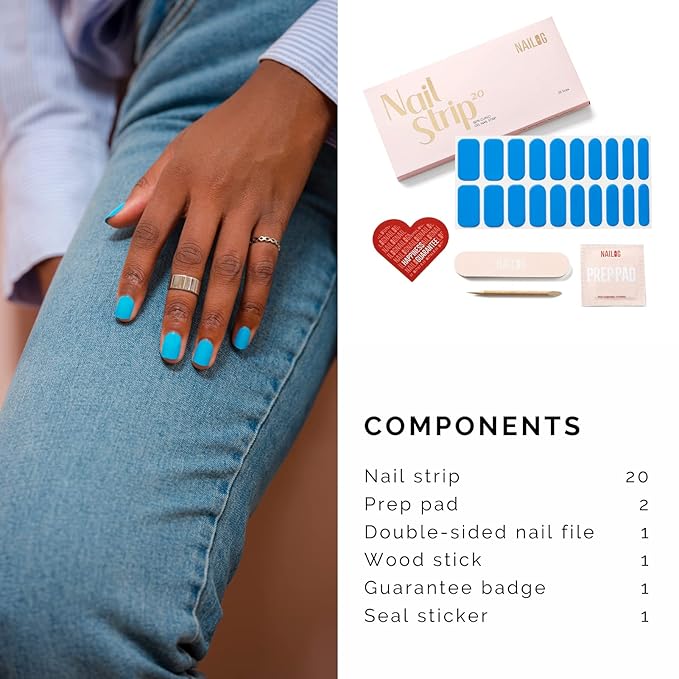 NAILOG Semi Cured Gel Nail Strips (20 Extra Long Stickers/Wraps) | Glossy & Long Lasting Soft Gel Finishing | Butterfly Blue