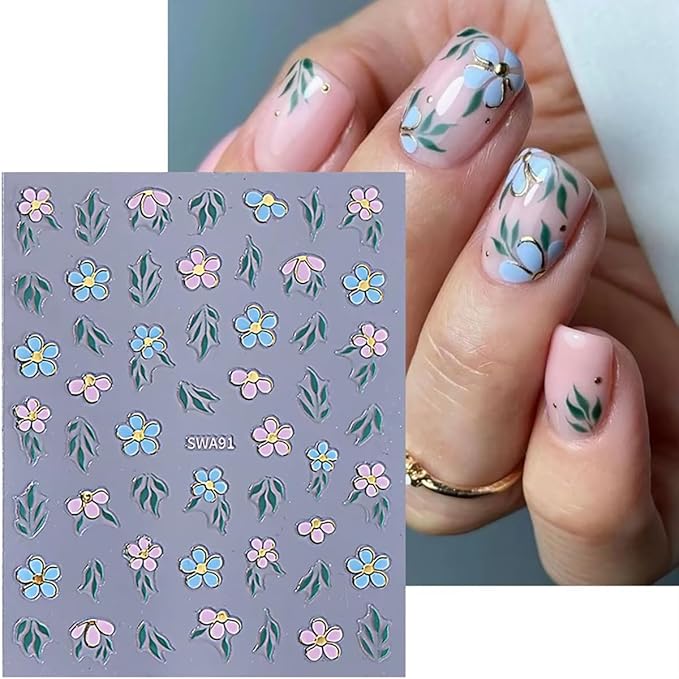 6 Sheets Flowers Nail Art Stickers 3D Floral Self Adhesive Nail Decals Design Purple Pink Blue Flower Nail Art Stickers for Women Girls DIY Manicure Tip Spring Flowers Nail Decoration